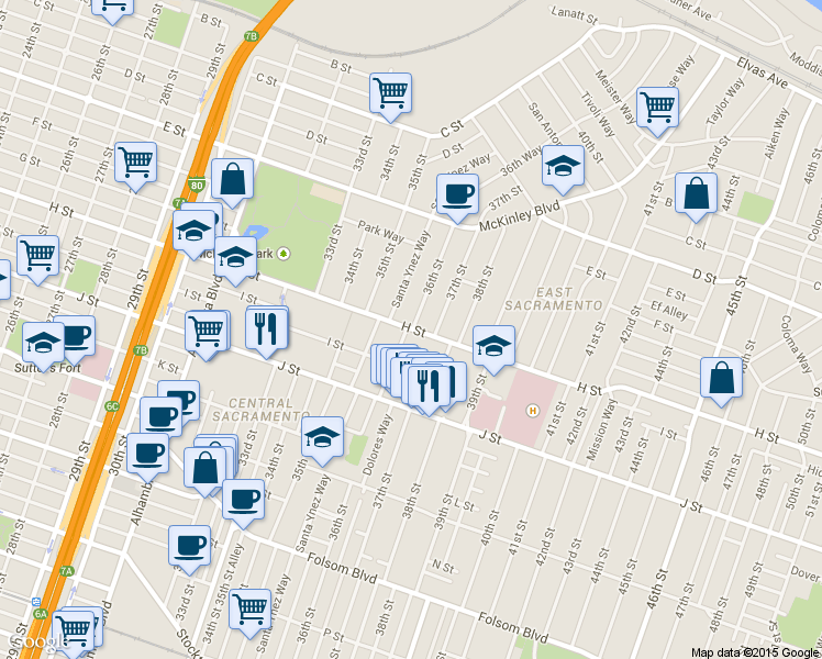 map of restaurants, bars, coffee shops, grocery stores, and more near 3644 H Street in Sacramento