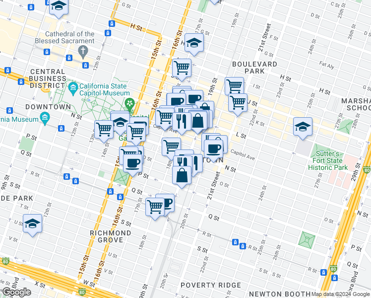 map of restaurants, bars, coffee shops, grocery stores, and more near 1830 N Street in Sacramento
