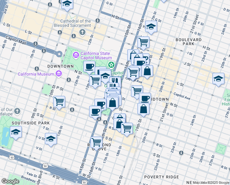 map of restaurants, bars, coffee shops, grocery stores, and more near 1520 16th Street in Sacramento