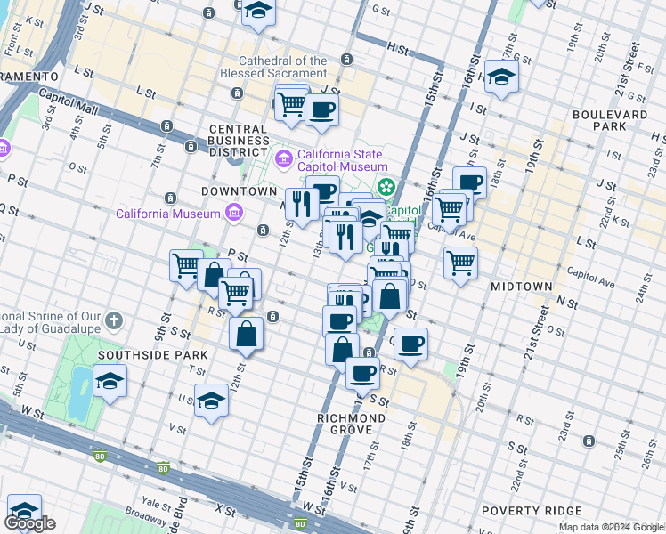 map of restaurants, bars, coffee shops, grocery stores, and more near 1331 P Street in Sacramento