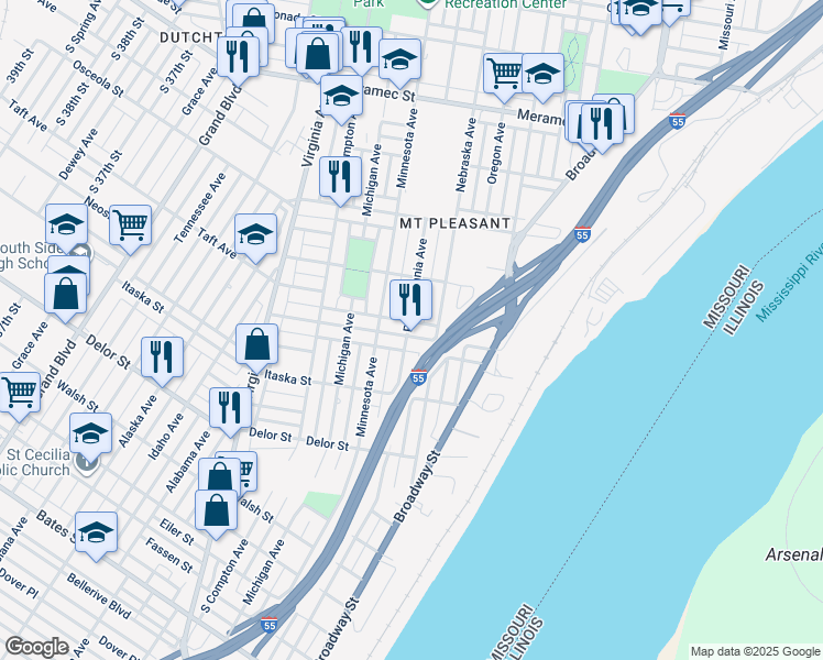 map of restaurants, bars, coffee shops, grocery stores, and more near 2900 Mount Pleasant Street in St. Louis