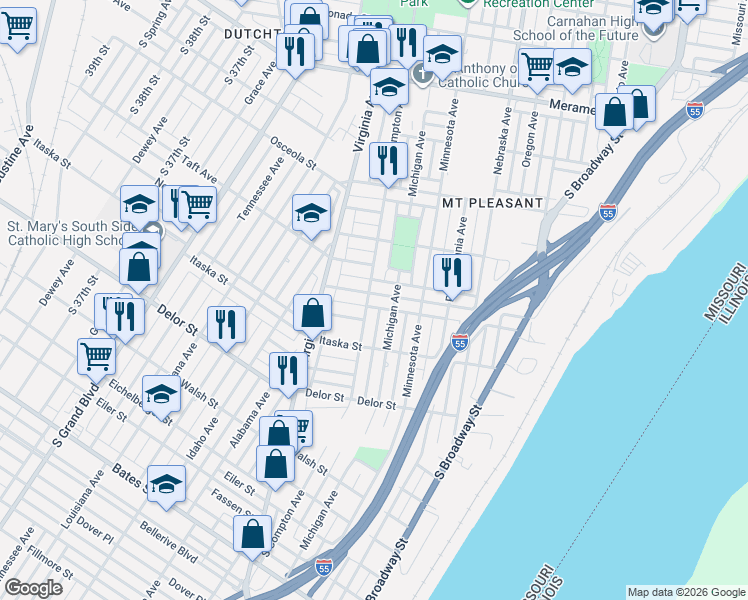 map of restaurants, bars, coffee shops, grocery stores, and more near 3201 Pulaski Street in St. Louis