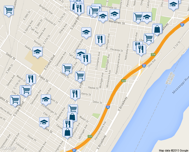 map of restaurants, bars, coffee shops, grocery stores, and more near 3201 Pulaski Street in St. Louis