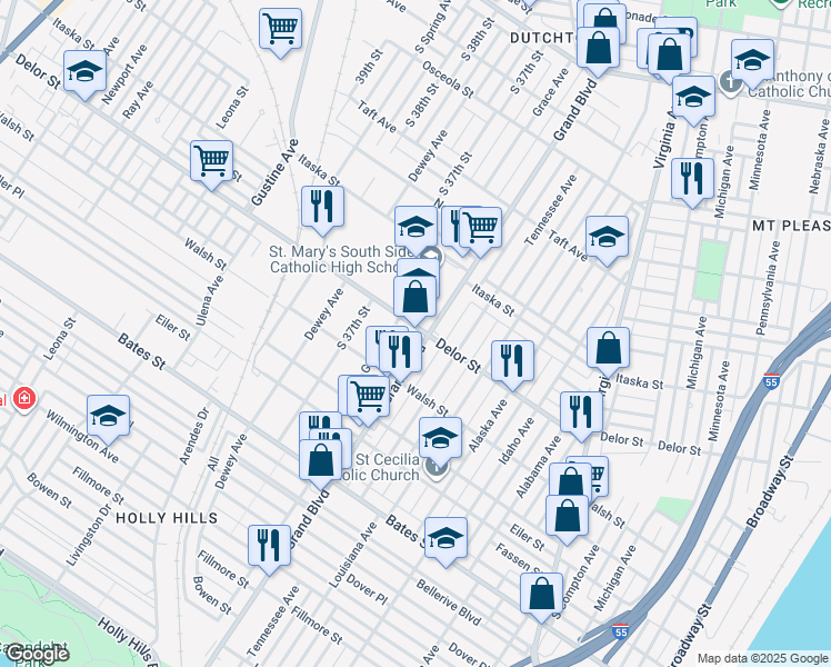map of restaurants, bars, coffee shops, grocery stores, and more near in St. Louis