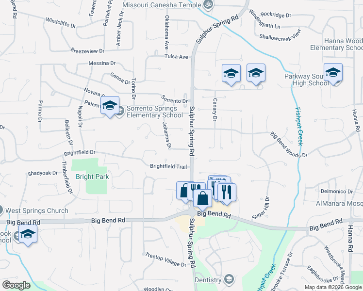 map of restaurants, bars, coffee shops, grocery stores, and more near 1067 Johanna Drive in Ballwin