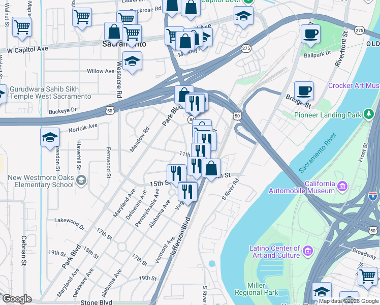 map of restaurants, bars, coffee shops, grocery stores, and more near 1102 Jefferson Boulevard in West Sacramento
