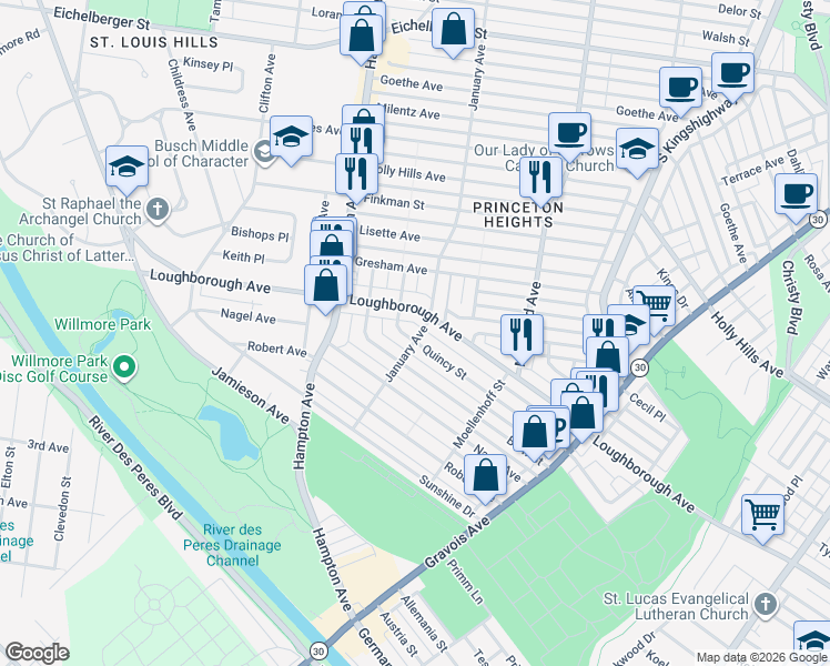 map of restaurants, bars, coffee shops, grocery stores, and more near 5403 Quincy Street in St. Louis
