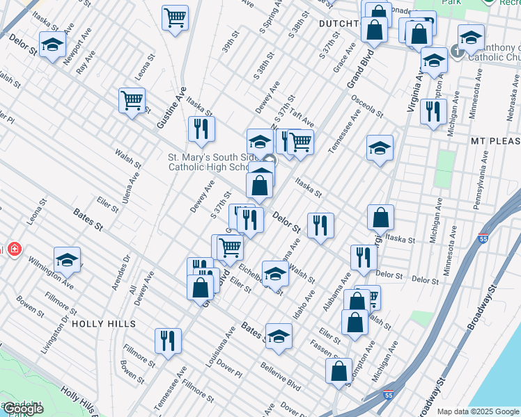 map of restaurants, bars, coffee shops, grocery stores, and more near 5000 South Grand Boulevard in St. Louis