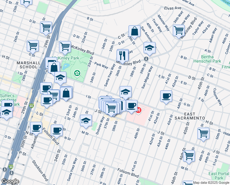 map of restaurants, bars, coffee shops, grocery stores, and more near 3644 H Street in Sacramento