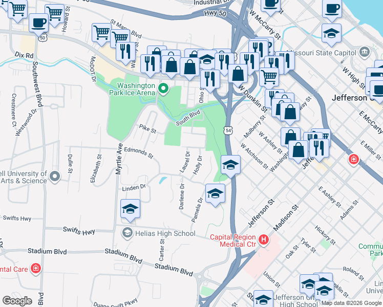 map of restaurants, bars, coffee shops, grocery stores, and more near 1012 Holly Drive in Jefferson City