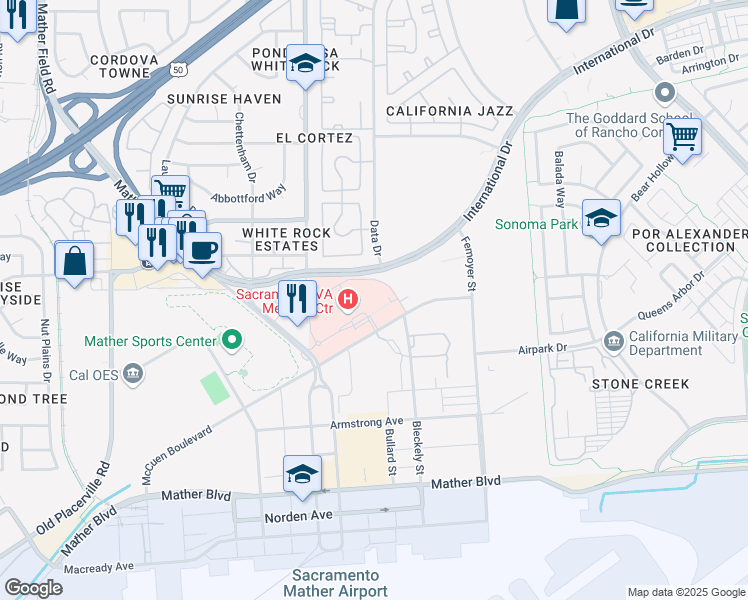 map of restaurants, bars, coffee shops, grocery stores, and more near 10535 Hospital Way in Rancho Cordova