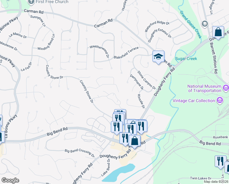 map of restaurants, bars, coffee shops, grocery stores, and more near 717 Overlook Circle Drive in Ballwin
