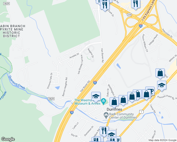 map of restaurants, bars, coffee shops, grocery stores, and more near 17458 Tangariro Square in Dumfries