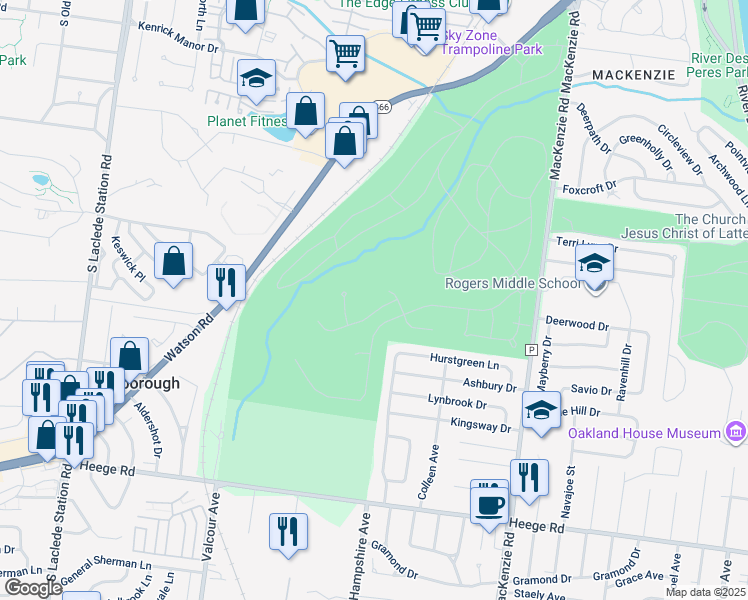 map of restaurants, bars, coffee shops, grocery stores, and more near 6901 Mackenzie Road in St. Louis