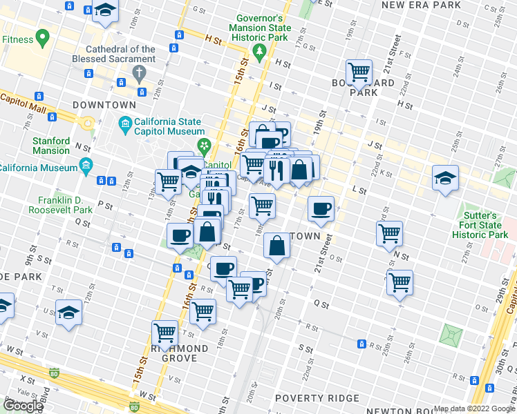 map of restaurants, bars, coffee shops, grocery stores, and more near 1720 N Street in Sacramento