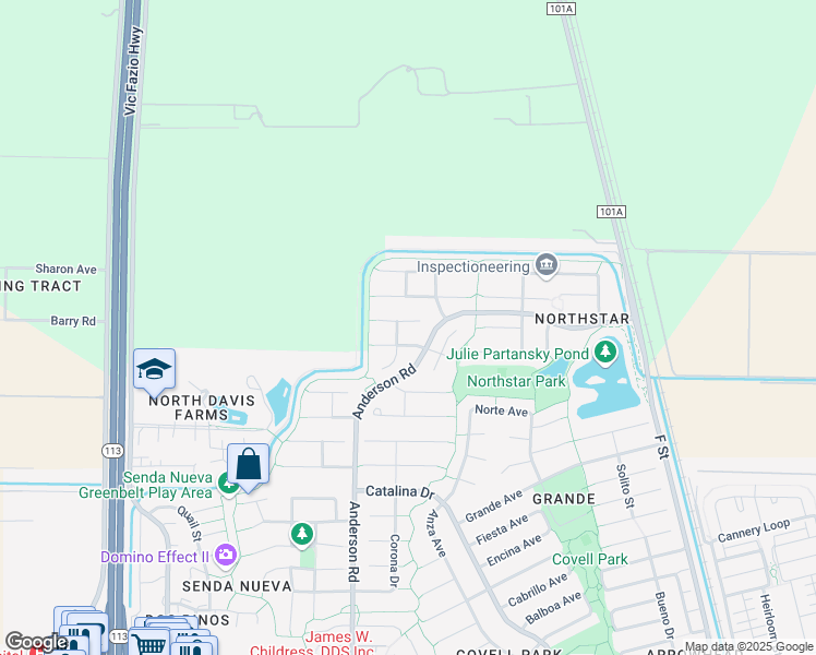 map of restaurants, bars, coffee shops, grocery stores, and more near 624 Robin Place in Davis