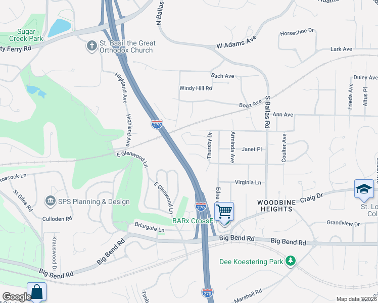 map of restaurants, bars, coffee shops, grocery stores, and more near 1989 Hunting Lake Court in Kirkwood