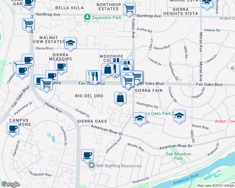 map of restaurants, bars, coffee shops, grocery stores, and more near 2510 Fair Oaks Boulevard in Sacramento
