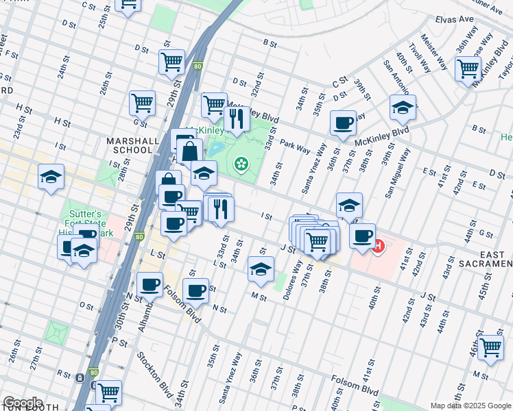 map of restaurants, bars, coffee shops, grocery stores, and more near 3400 I Street in Sacramento