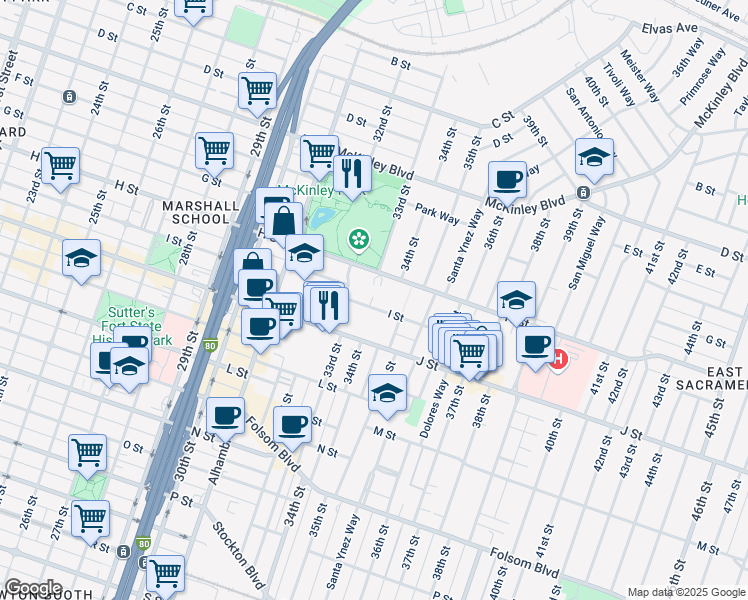 map of restaurants, bars, coffee shops, grocery stores, and more near 3400 I Street in Sacramento