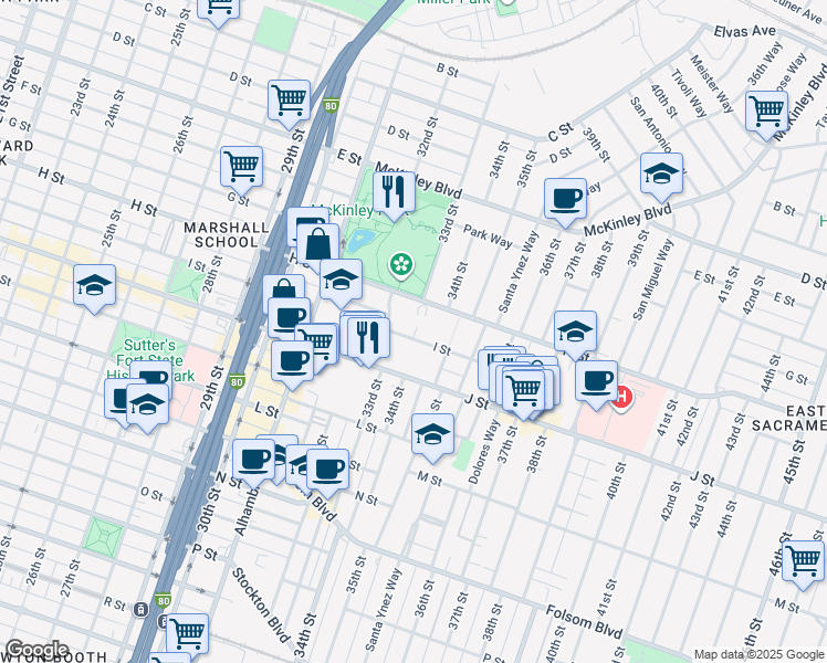 map of restaurants, bars, coffee shops, grocery stores, and more near 3400 I Street in Sacramento