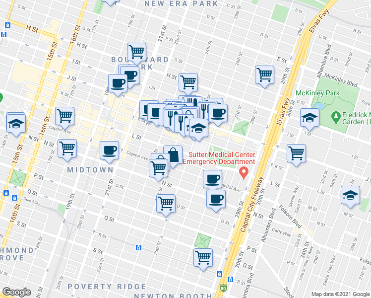 map of restaurants, bars, coffee shops, grocery stores, and more near 2430 L Street in Sacramento