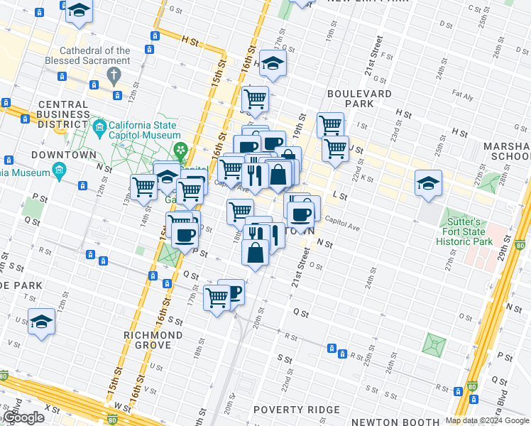 map of restaurants, bars, coffee shops, grocery stores, and more near 1830 N Street in Sacramento