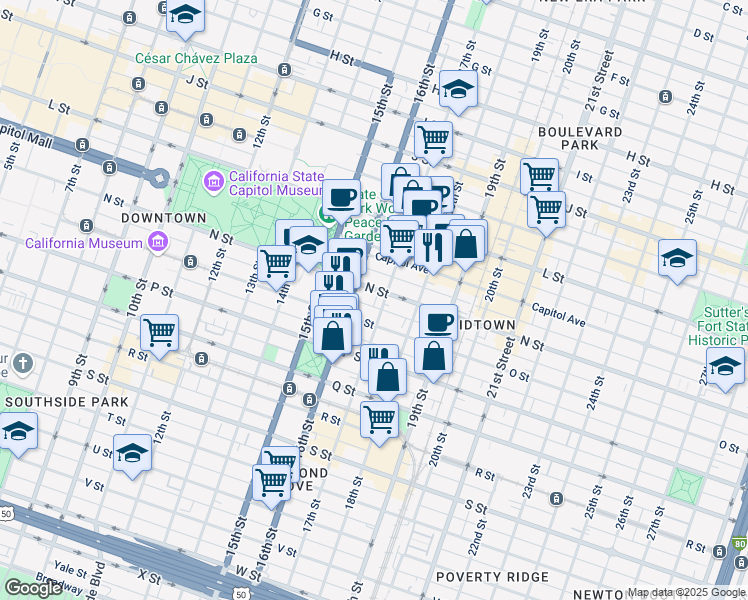 map of restaurants, bars, coffee shops, grocery stores, and more near 1629 O Street in Sacramento
