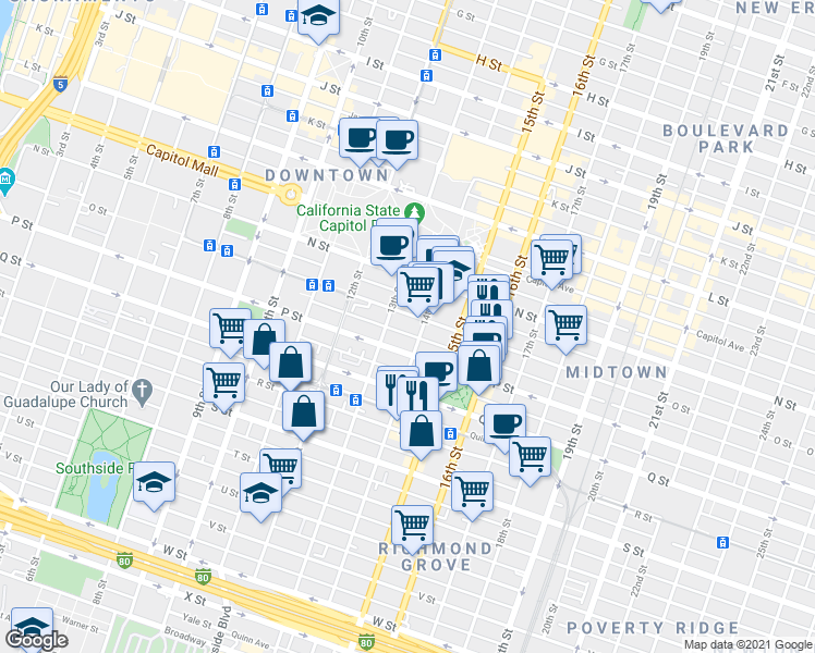 map of restaurants, bars, coffee shops, grocery stores, and more near 1331 P Street in Sacramento