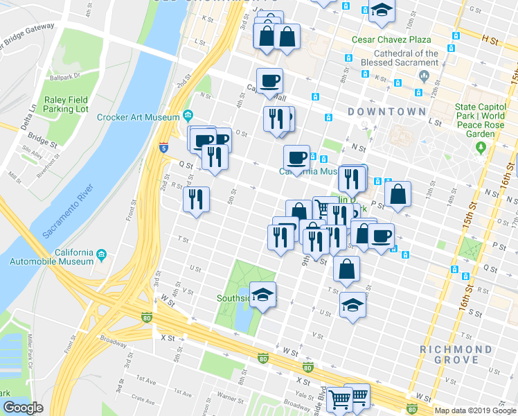 map of restaurants, bars, coffee shops, grocery stores, and more near 1800 7th Street in Sacramento