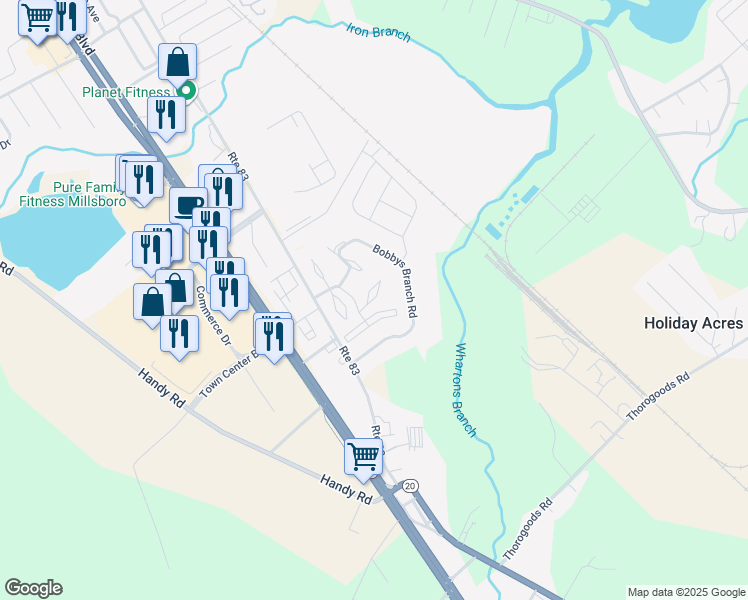 map of restaurants, bars, coffee shops, grocery stores, and more near 4301 Caitlins Way in Millsboro