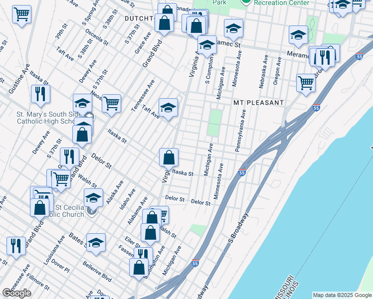 map of restaurants, bars, coffee shops, grocery stores, and more near 3201 Pulaski Street in St. Louis