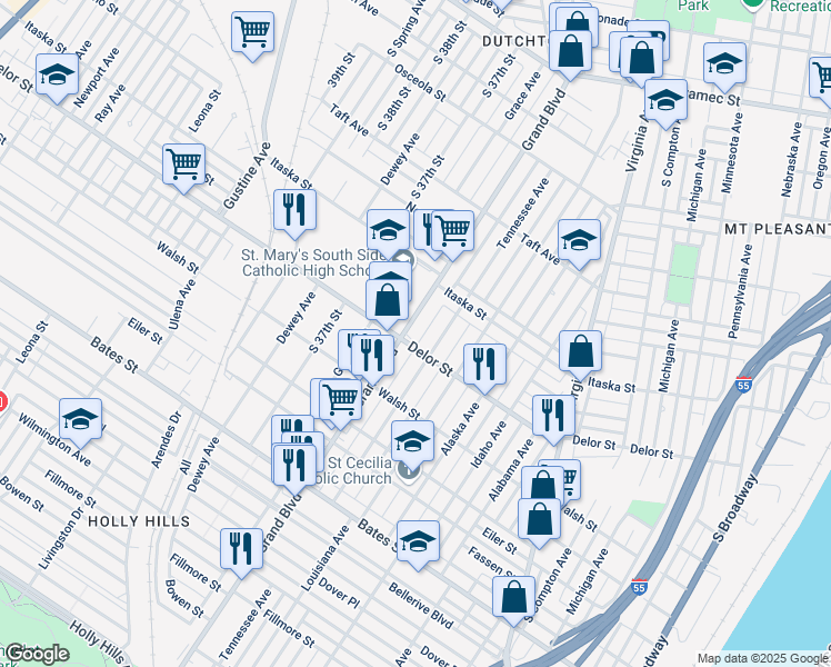 map of restaurants, bars, coffee shops, grocery stores, and more near in St. Louis
