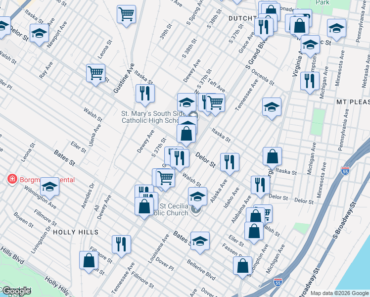 map of restaurants, bars, coffee shops, grocery stores, and more near 5034 Grace Avenue in St. Louis
