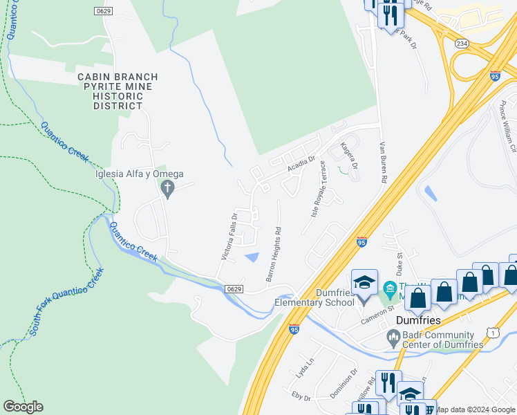 map of restaurants, bars, coffee shops, grocery stores, and more near 4207 ALLSTADT Farm Loop in Dumfries