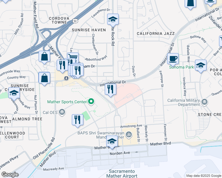 map of restaurants, bars, coffee shops, grocery stores, and more near 3545 Mather Field Road in Rancho Cordova