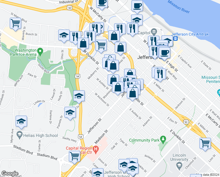 map of restaurants, bars, coffee shops, grocery stores, and more near 714 Washington Street in Jefferson City