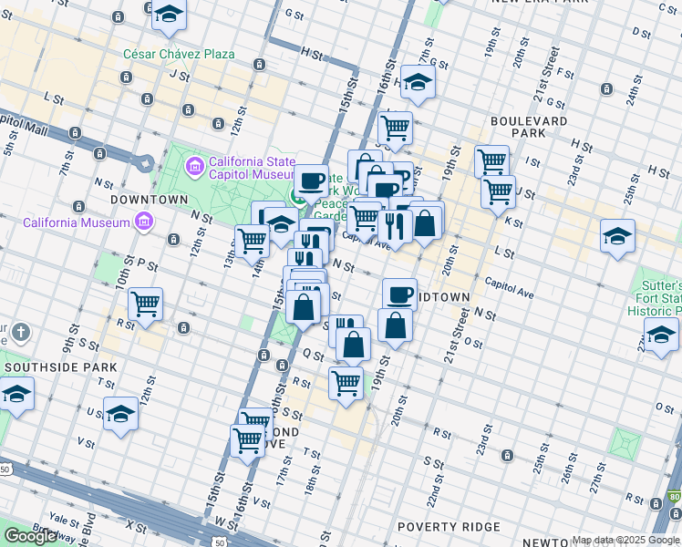 map of restaurants, bars, coffee shops, grocery stores, and more near 1629 O Street in Sacramento