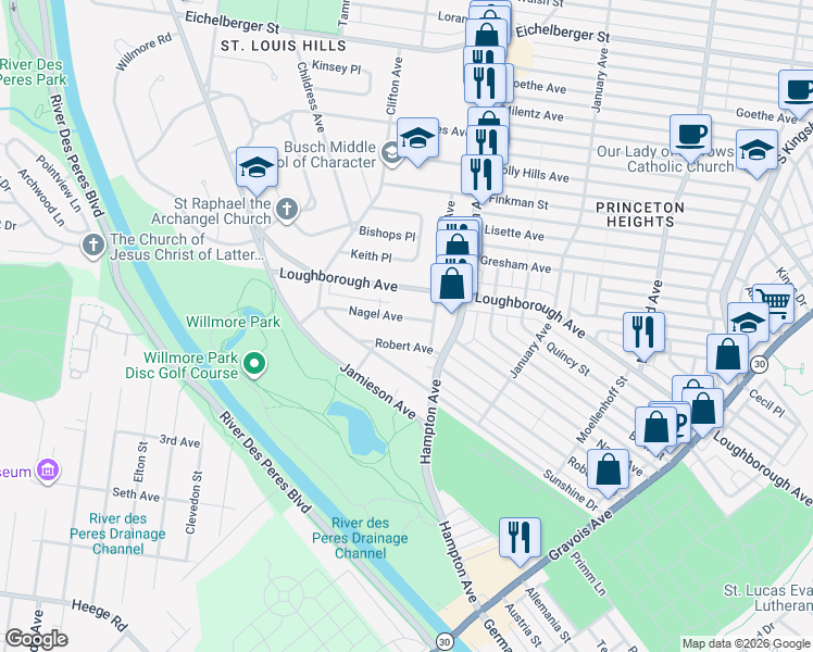 map of restaurants, bars, coffee shops, grocery stores, and more near 5838 Robert Avenue in St. Louis