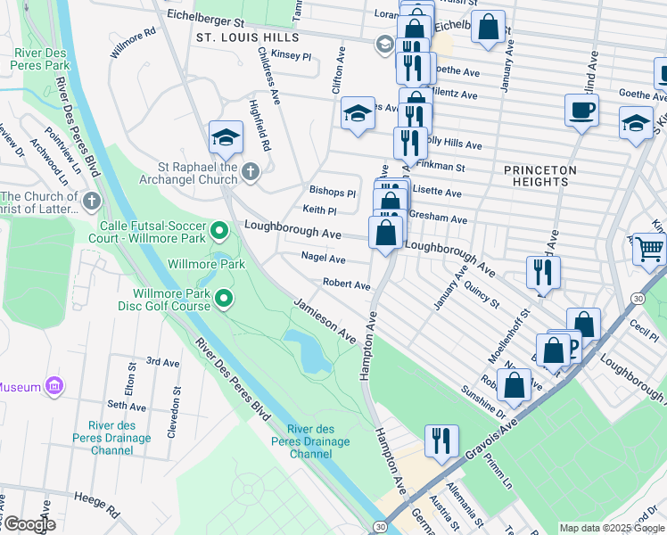map of restaurants, bars, coffee shops, grocery stores, and more near 5940 Nagel Avenue in St. Louis