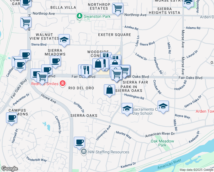 map of restaurants, bars, coffee shops, grocery stores, and more near 2510 Fair Oaks Boulevard in Sacramento