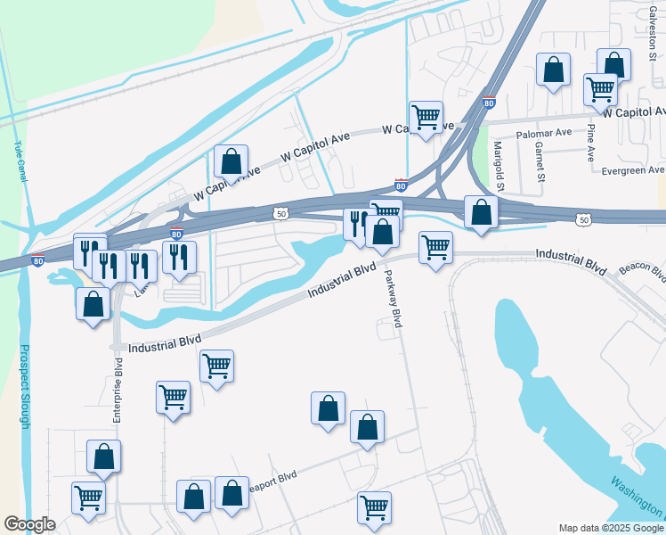 map of restaurants, bars, coffee shops, grocery stores, and more near in West Sacramento