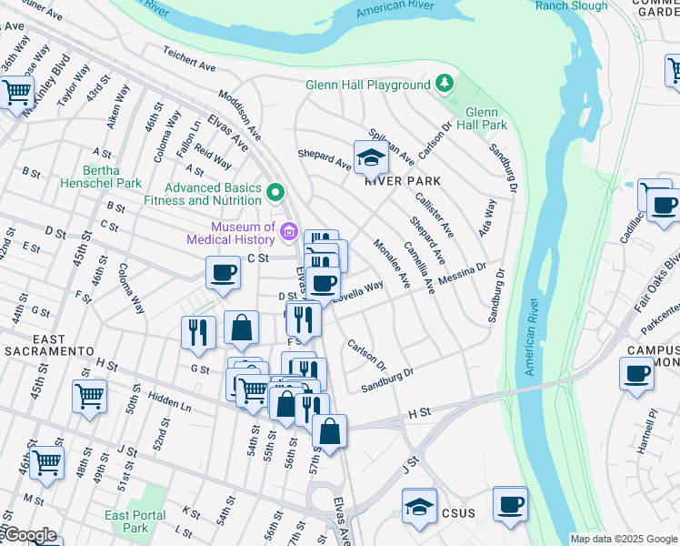 map of restaurants, bars, coffee shops, grocery stores, and more near 5484 Carlson Drive in Sacramento