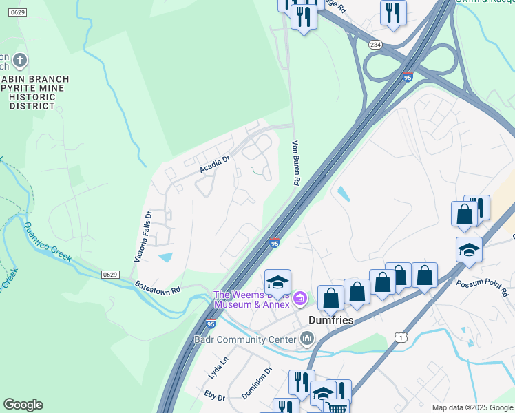 map of restaurants, bars, coffee shops, grocery stores, and more near 17454 Tangariro Square in Dumfries