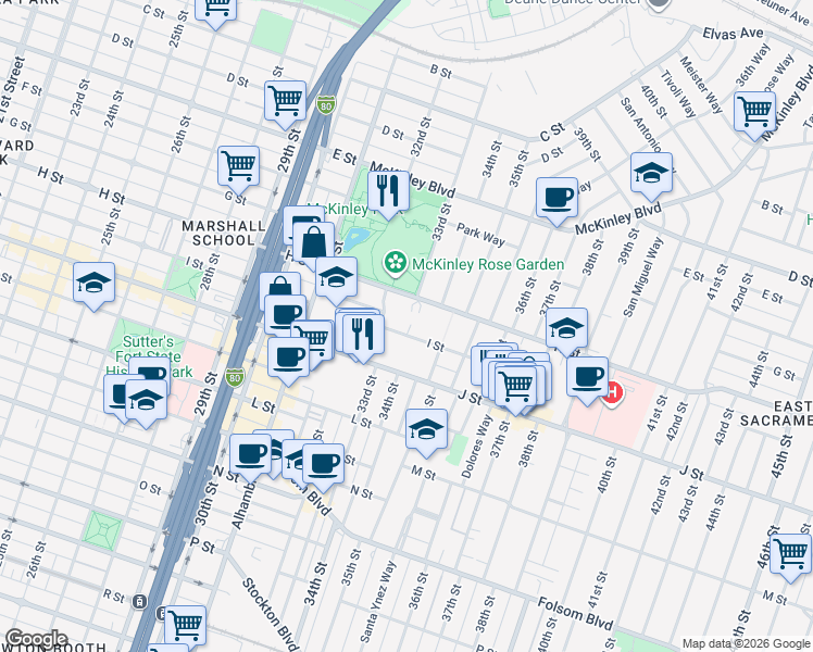 map of restaurants, bars, coffee shops, grocery stores, and more near 3400 I Street in Sacramento