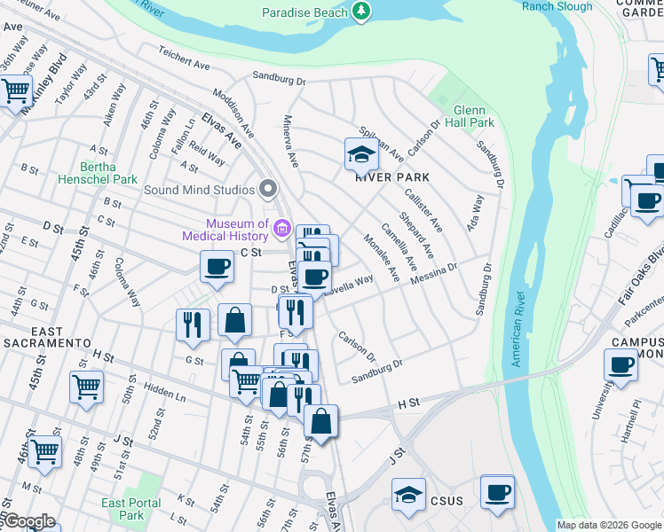 map of restaurants, bars, coffee shops, grocery stores, and more near 5484 Carlson Drive in Sacramento