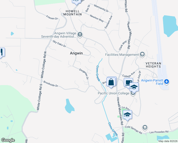 map of restaurants, bars, coffee shops, grocery stores, and more near 102 Diogenes Drive in Angwin