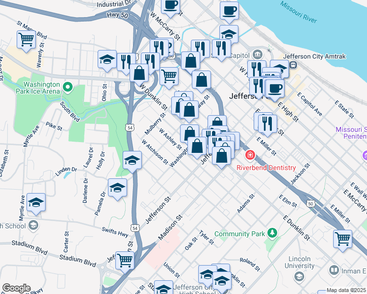 map of restaurants, bars, coffee shops, grocery stores, and more near 714 Washington Street in Jefferson City