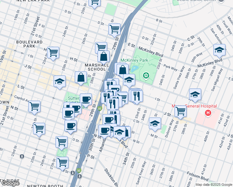 map of restaurants, bars, coffee shops, grocery stores, and more near 1014 Alhambra Boulevard in Sacramento