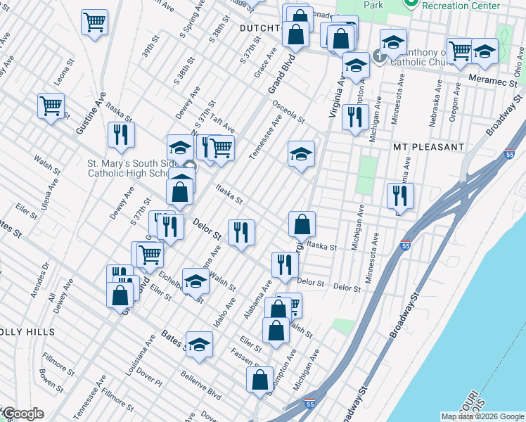 map of restaurants, bars, coffee shops, grocery stores, and more near in St. Louis